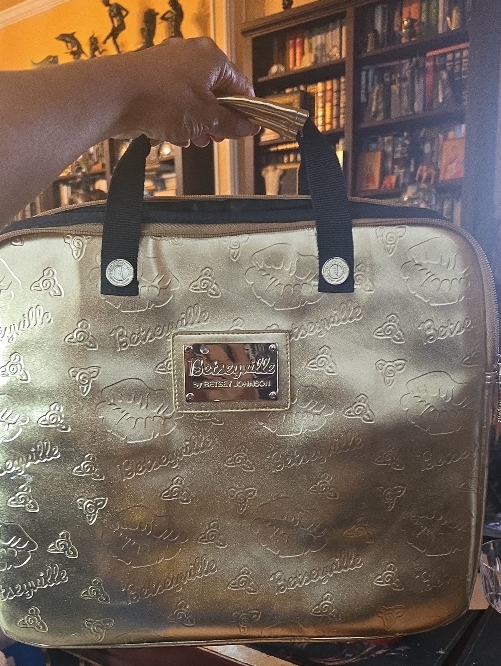 Betsey Johnson Large Gold Laptop Bag with Embossed Lip Motif